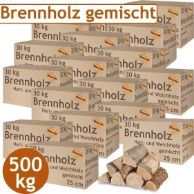 Palivové dřevo Smíšené palivové dřevo 500 kg Buk Dub Bříza Borovice Smrk Dřevo pro kamna a krb Krbová mísa Grilovací dřevo 25 cm